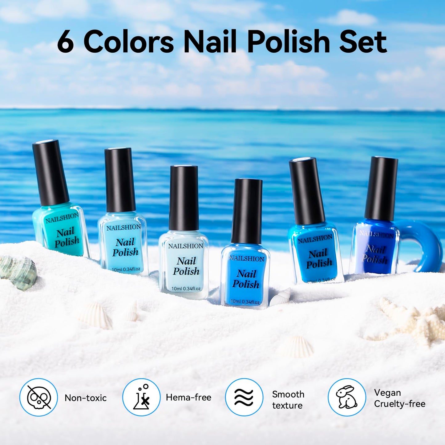 Nailshion Blue Nail Polish Set: 6 Colors Light Navy Royal Teal Ocean Baby Blue Collection Toe Fingernail Polish, Quick Dry Non Gel, High Gloss Shine, Summer Nail Art Gift for Women Girls