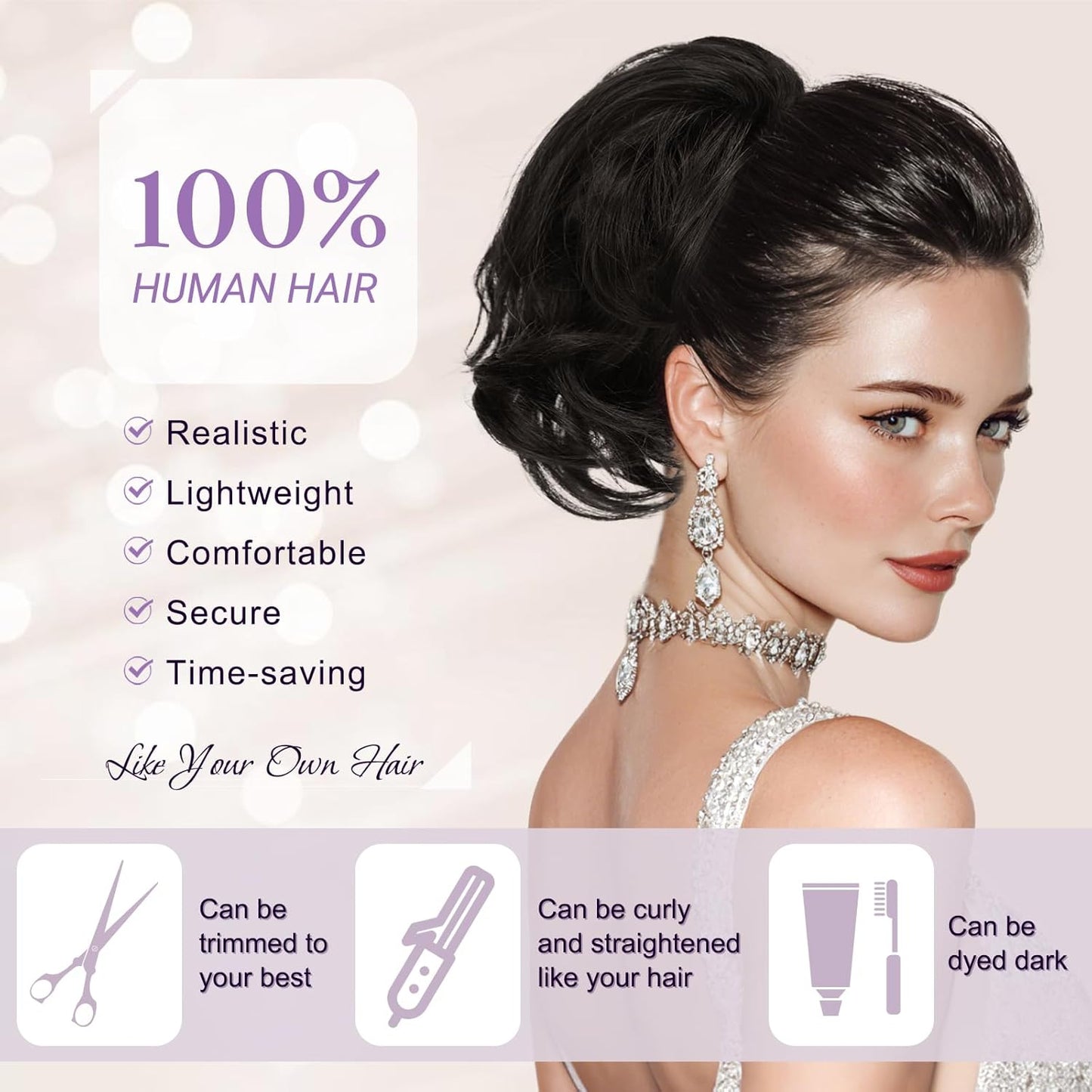 Claw Clip Short Human Hair Ponytail Extension - Bendable Metal for DIY Styles | 9 Inch Dark Brown Messy Bun