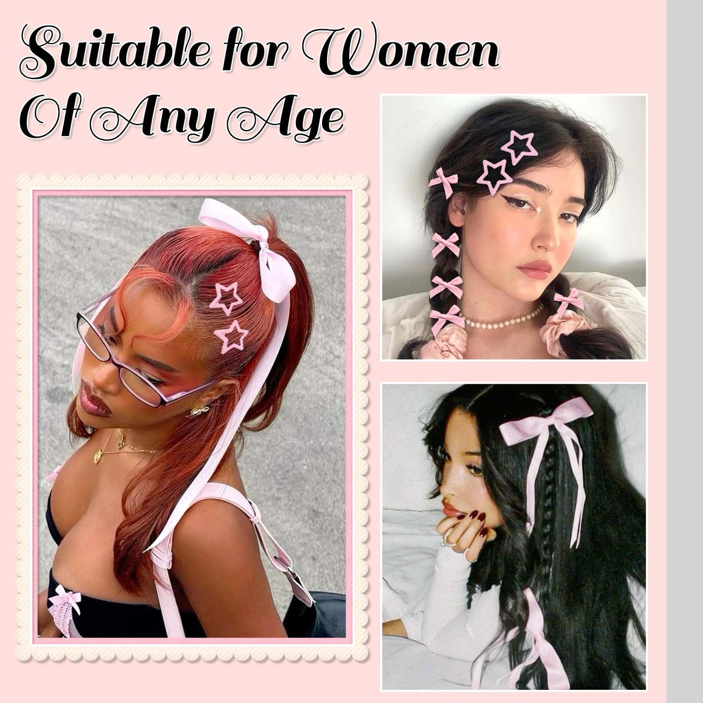 STGDAK Mini Hair Bows For Women Girls Pink Star Clips Cute Bow Barrettes Kawaii Star Hairpins Y2k Hair Ribbon Long Tail Bowknot Coquette Hair Accessories 24Pcs