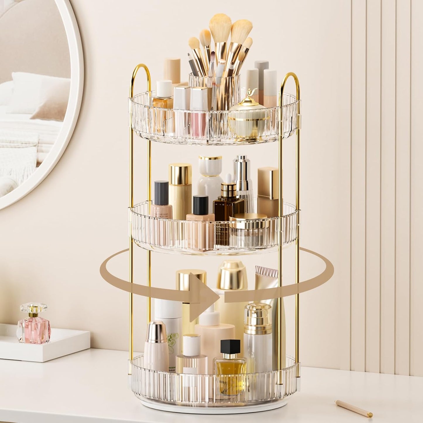 360° Rotating Makeup Organizer - Upgraded 3-Tier Skincare & Perfume Storage | Clear Dresser Organizer with Brush Holder (Amber)
