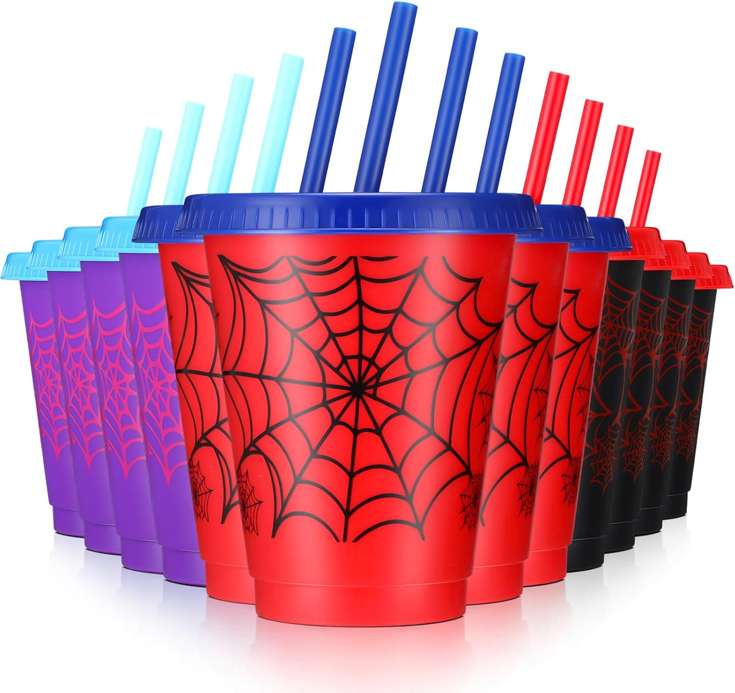 Spider Cups - 12 Pcs 16 oz Plastic Birthday Party Cups with Lids & Straws | Fun Spider Designs for Party Favors