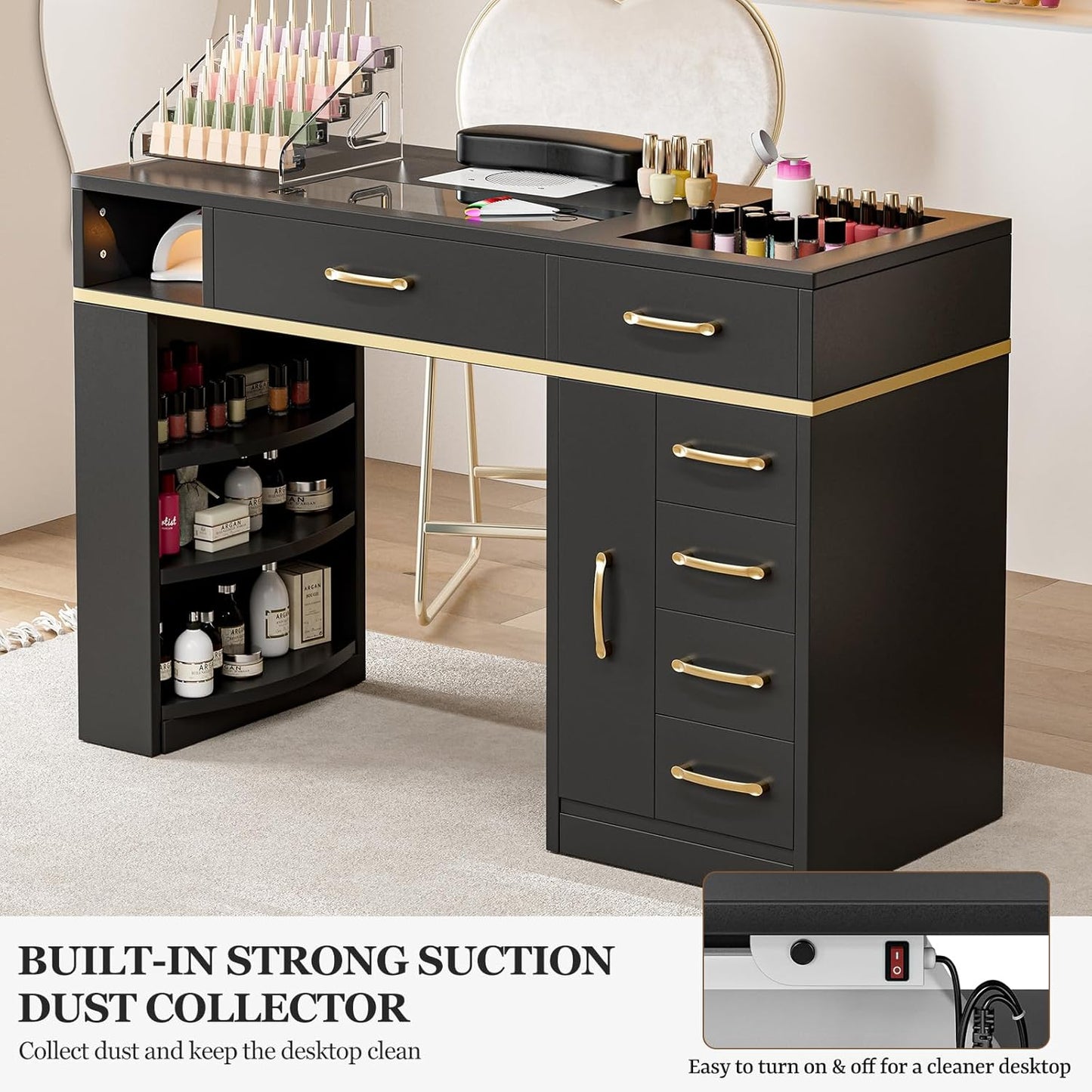 Manicure Table Nail Station - Glass Top Nail Table with Electric Dust Collector, 7 Drawers & Shelves | Black Vision