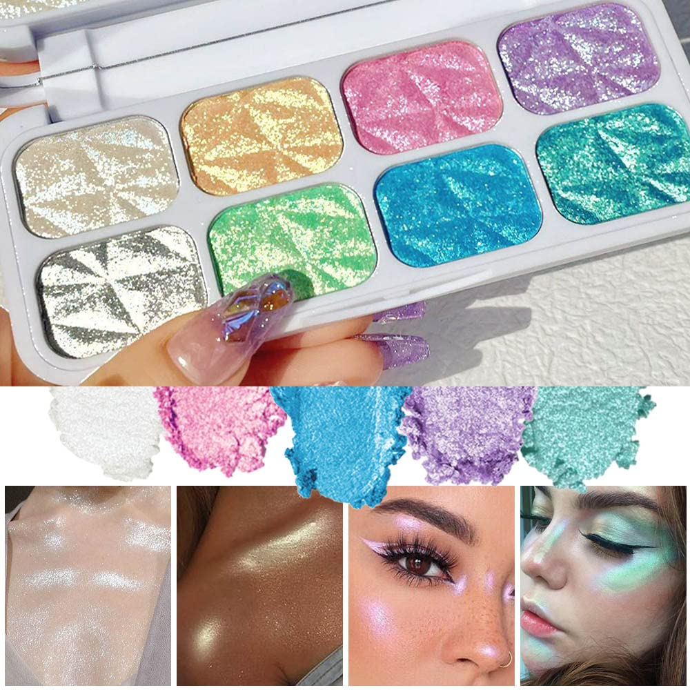 8 Color Face Highlighter Palette - Shimmer & Iridescent Multichrome Shades | Glitter Makeup for Highlighting & Contouring
