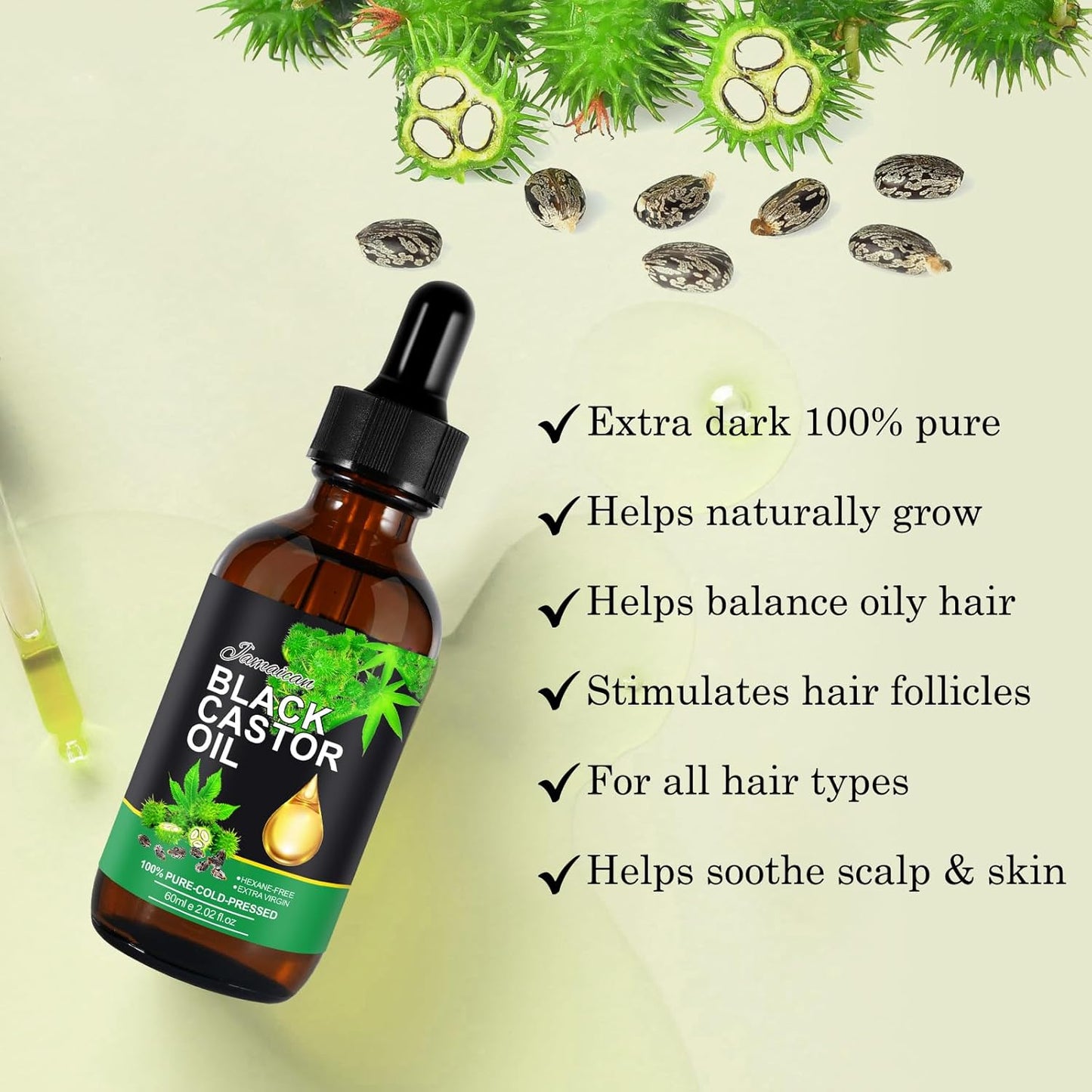 Jamaican Black Castor Oil - Organic Cold Pressed Unrefined | Hair Growth, Skin Moisturizer & Nail Care, 60ML