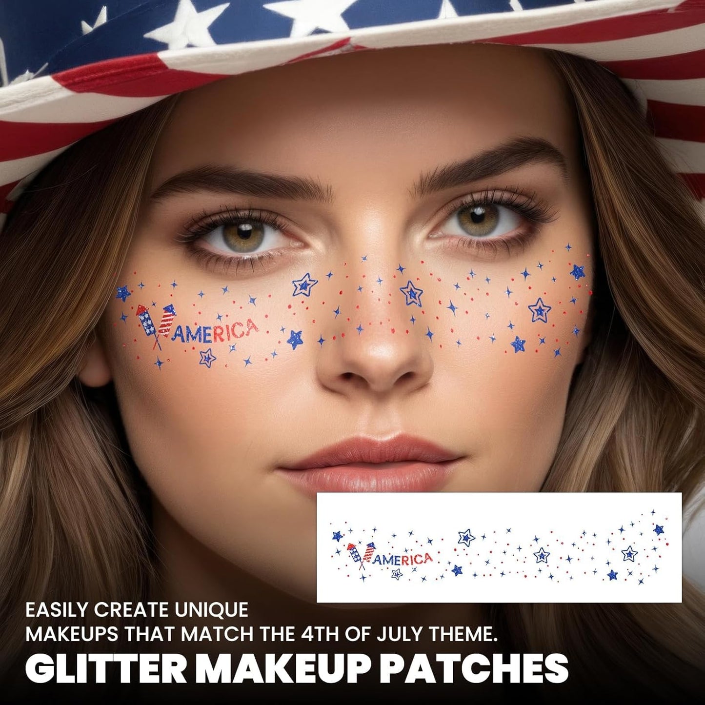 4th of July Face Tattoos - Glitter Freckles & Red White Blue Gems | Patriotic Makeup Accessories for Independence Day