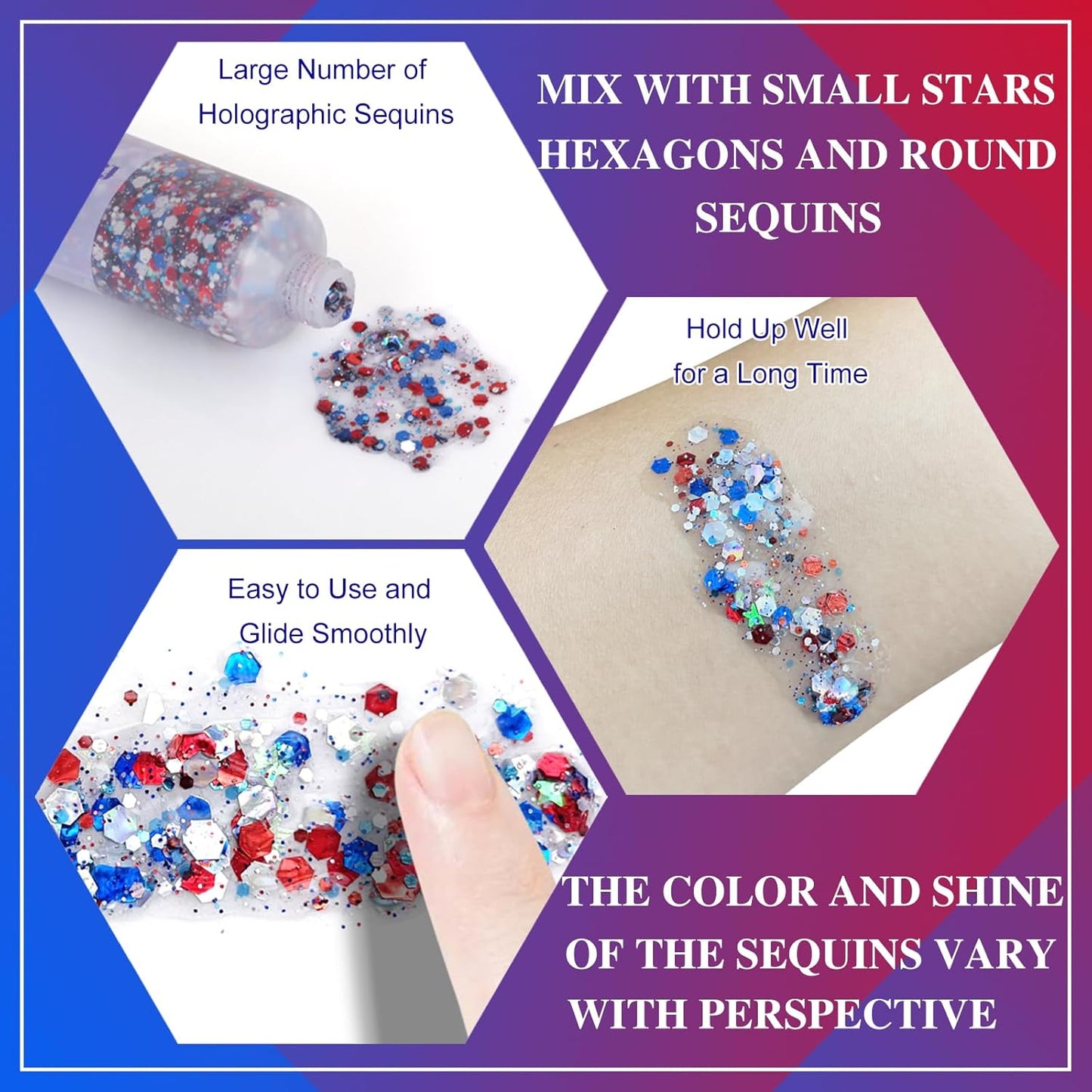 Red White and Blue Face Glitter - Patriotic Star Hair Glitter for Kids | 4th of July Accessories