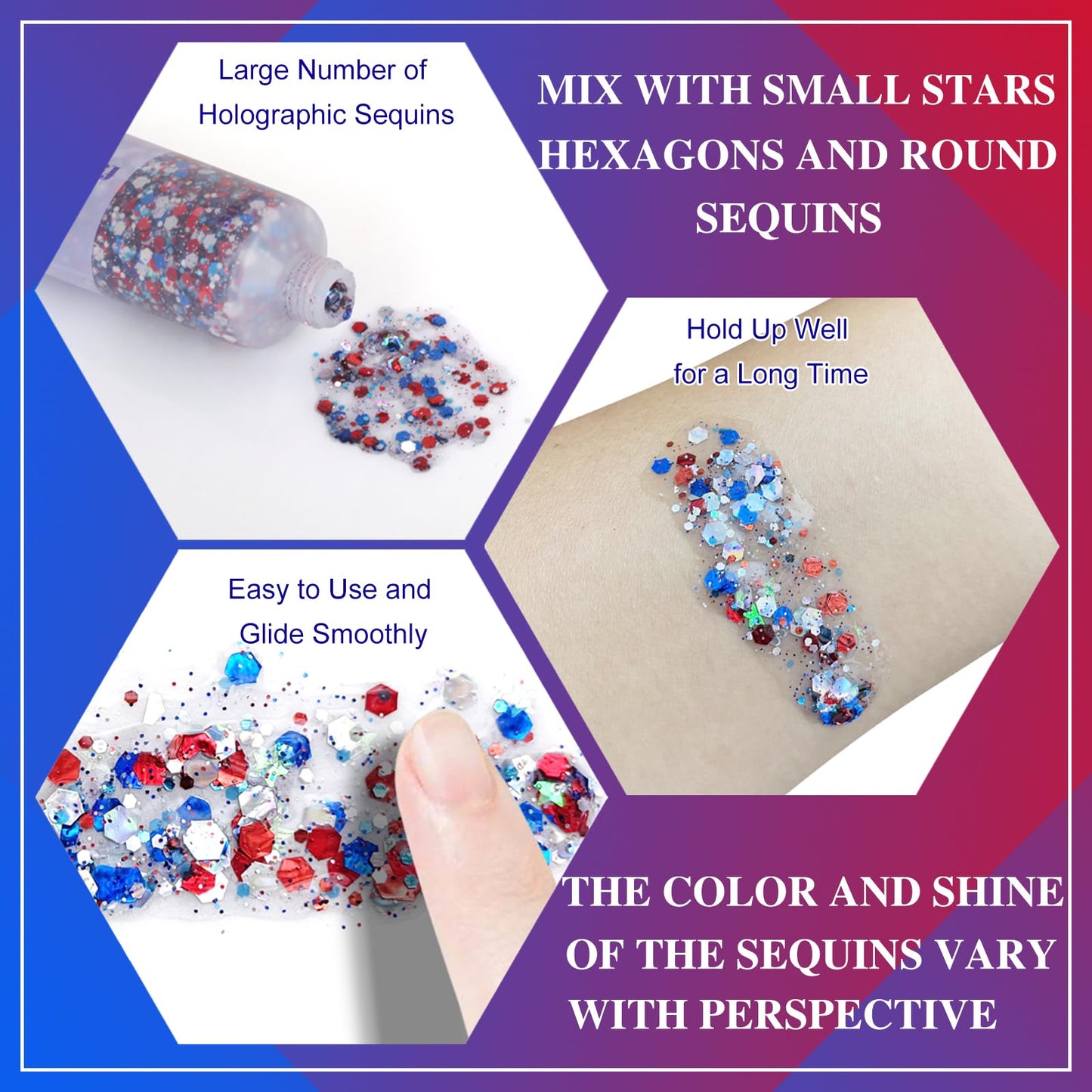 MEICOLY Red White and Blue Face Glitter,4th of July Patriotic Accessories,Star Hair Glitter for Kids,4th of July Outfits for Women,Self-Adhesive Body Glitter for President's Day Veterans Day