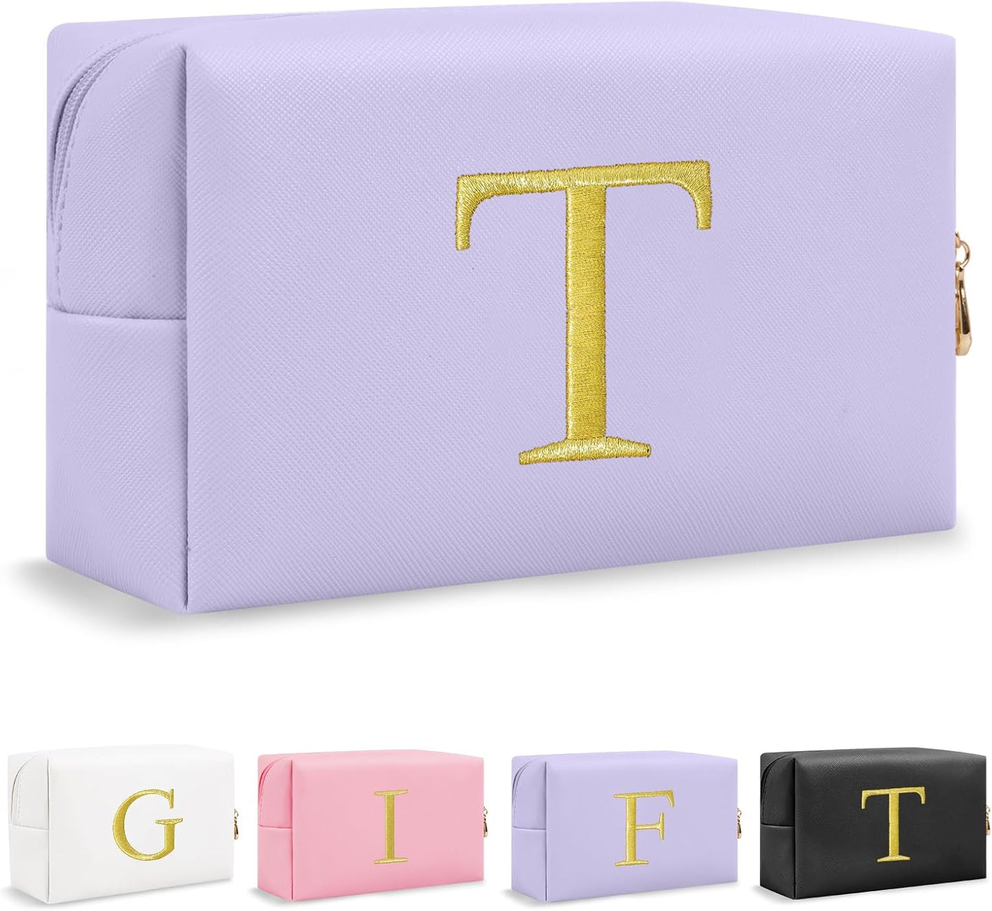 Personalized Initial Makeup Bag - Gold Embroidered Cosmetic Bag for Teens | Custom Travel Toiletry Bag (Black)