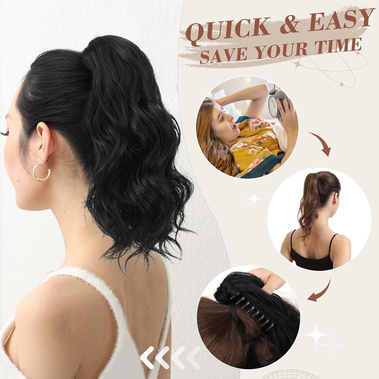 Claw Clip Ponytail Extensions - 14-Inch Short Wavy Dark Brown Hairpiece for Women | Synthetic Ponytail