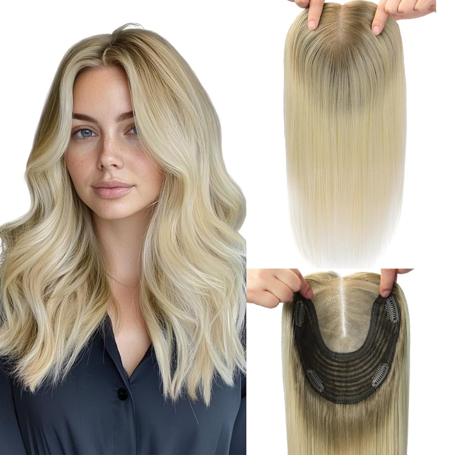 Hair Toppers for Women - Real Human Hair 6x7 Inch Large Base | Balayage Ash Brown to Golden Blonde, 12 Inch Volume Boost