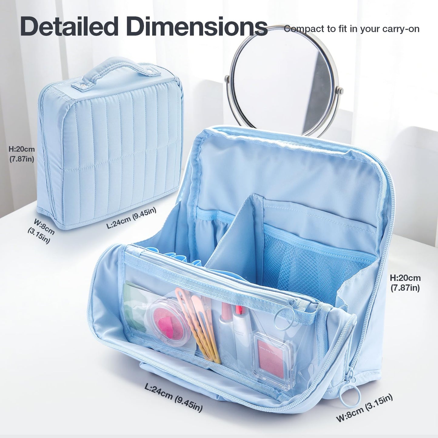 Abiudeng Standing Travel Makeup Bag Stand up Make up Bag Travel Toiletry Bag with Multiple Compartments Large Capacity for Women Business Trips Fitness and Daily Commutes(blue)