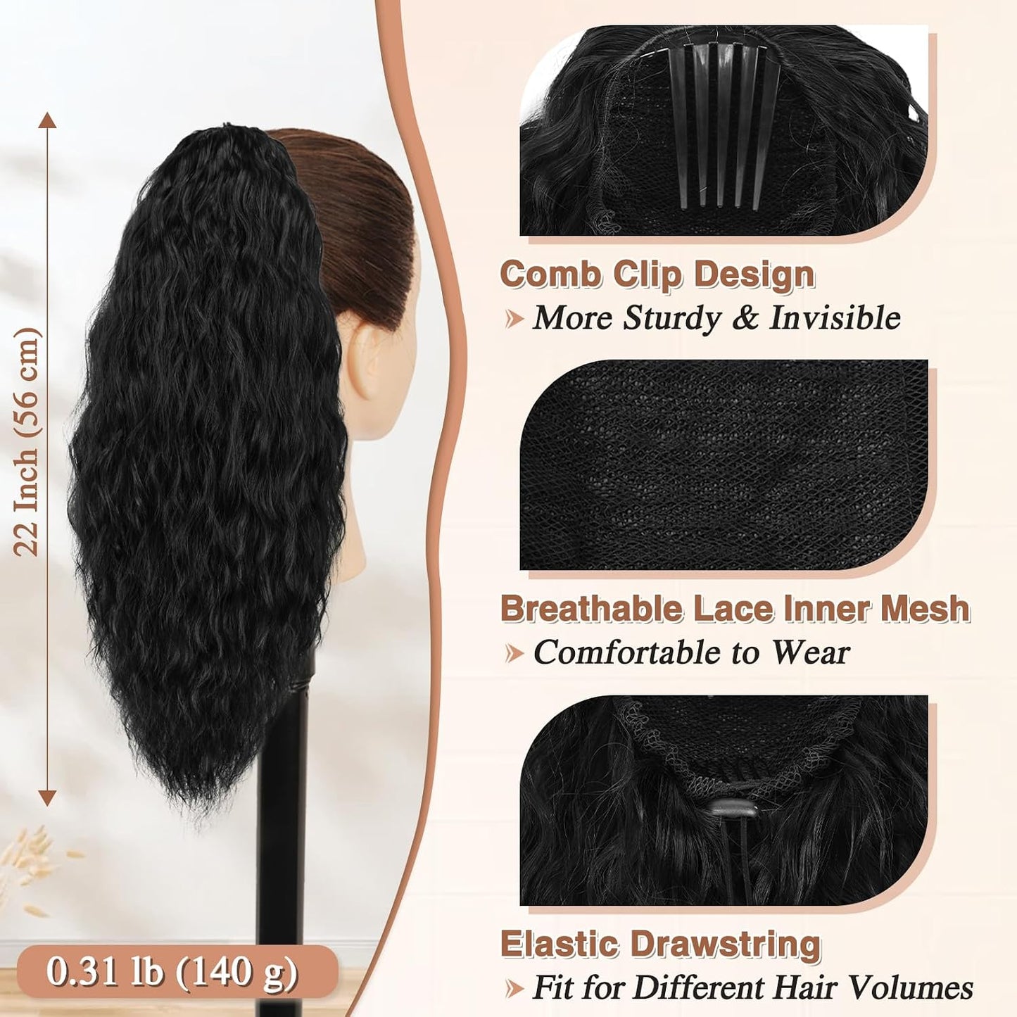 22 Inch Black Curly Wavy Drawstring Ponytail Extension - Synthetic Clip-In Hairpiece for Voluminous Bohemian Style