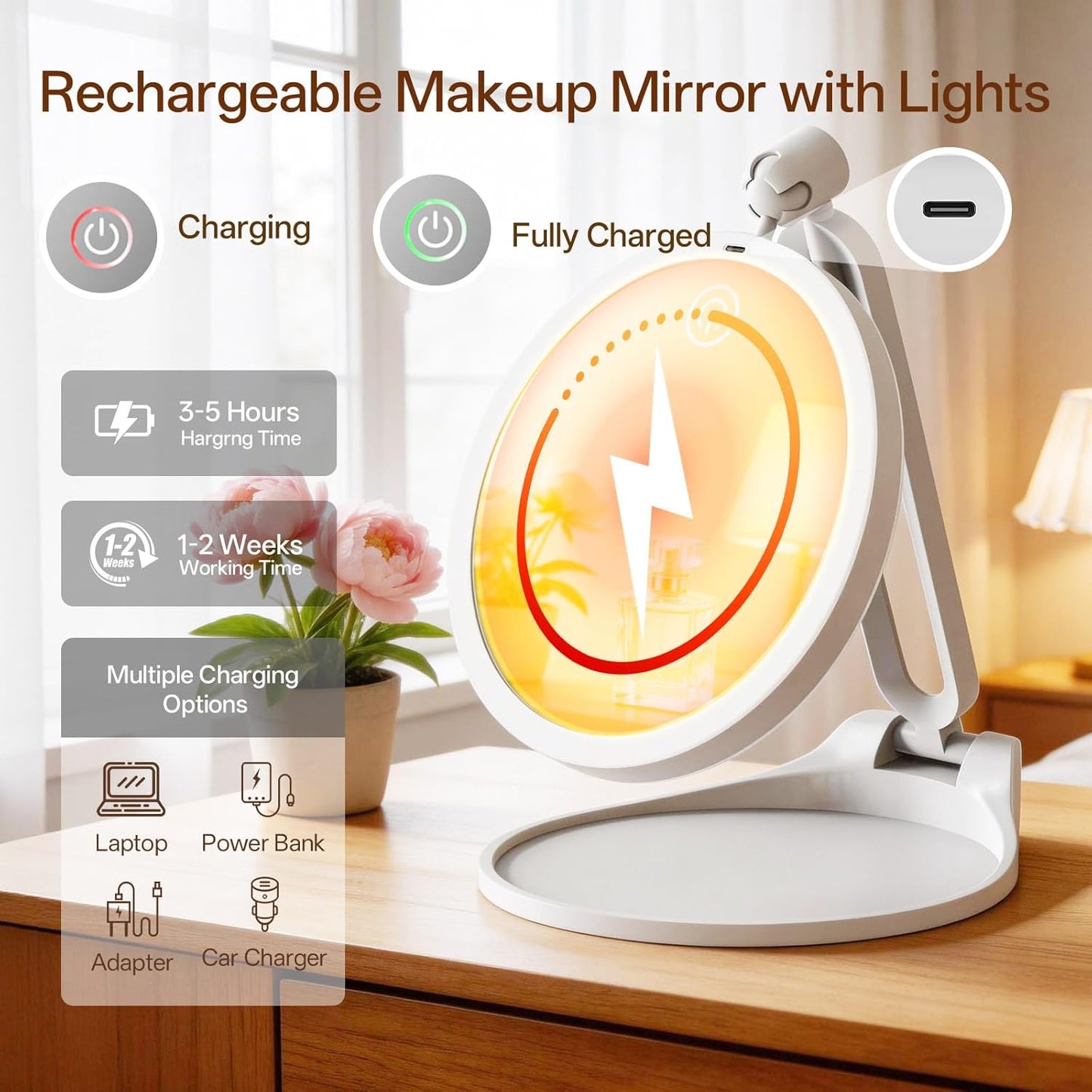 Travel Makeup Mirror with Lights - Double-Sided 10X/1X Magnifying Mirror | 3 Color Dimming, Foldable & Adjustable 360° Angle