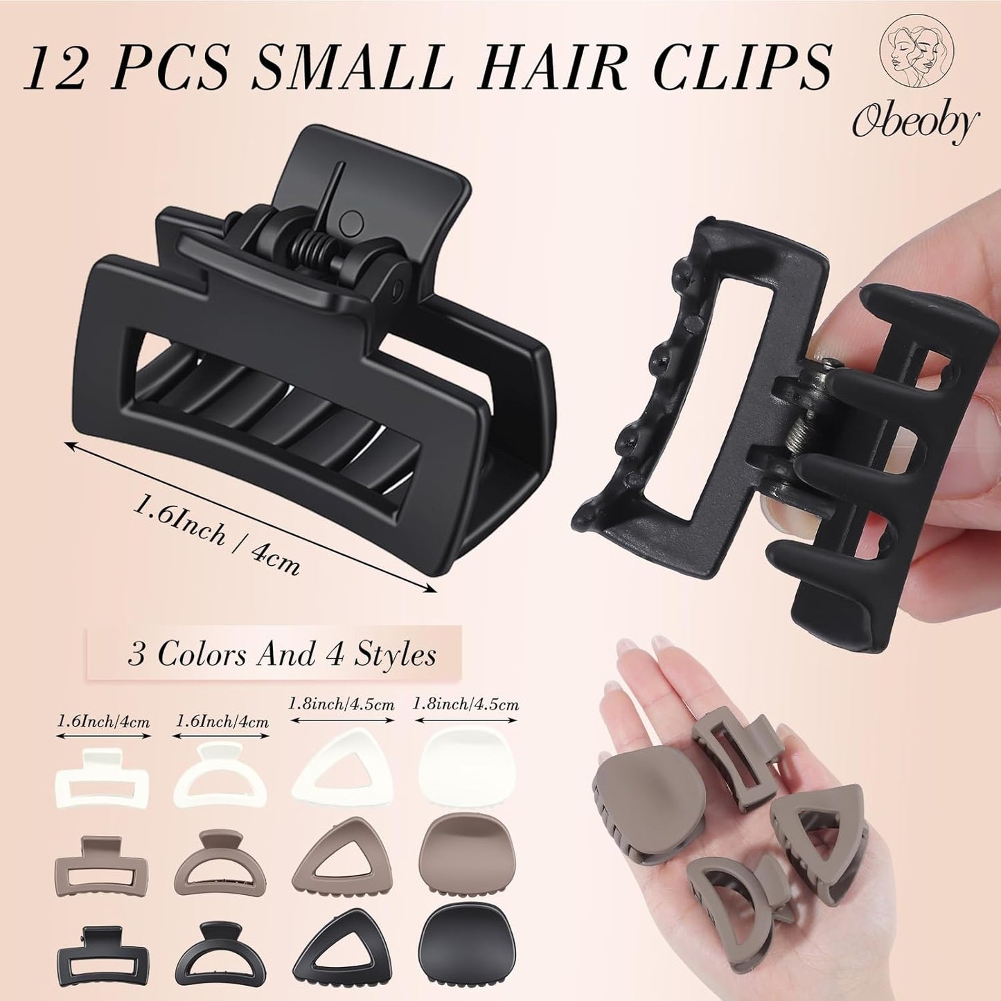 12 Pcs Mini Claw Hair Clips for Thin Hair - 1.6 Inch Matte Black, Brown, Beige Short Hair Accessories