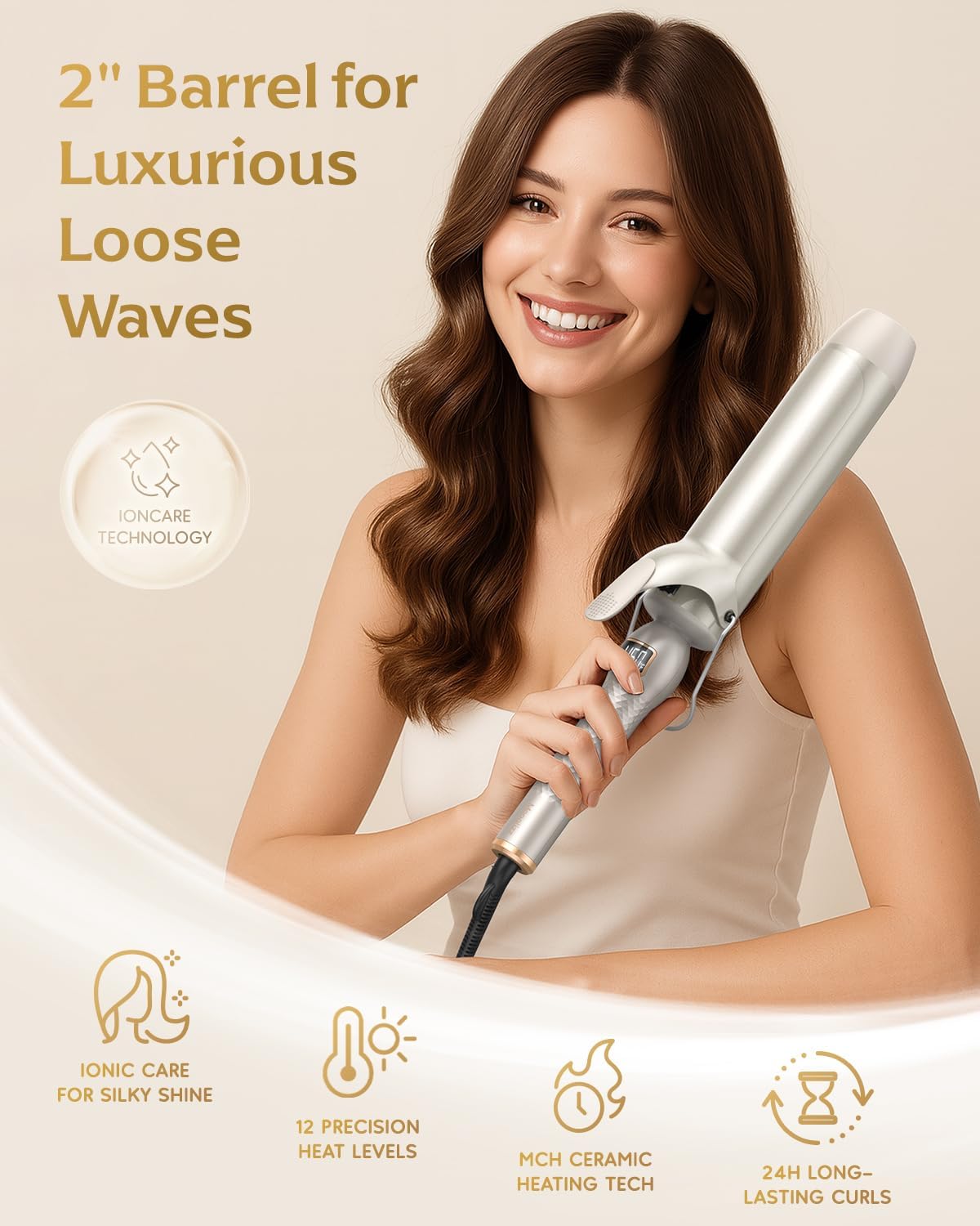 Professional 2-Inch Curling Iron - Large Barrel Wand for Long Hair, MCH Heating, 12 Temp Settings, Dual Voltage | Gold