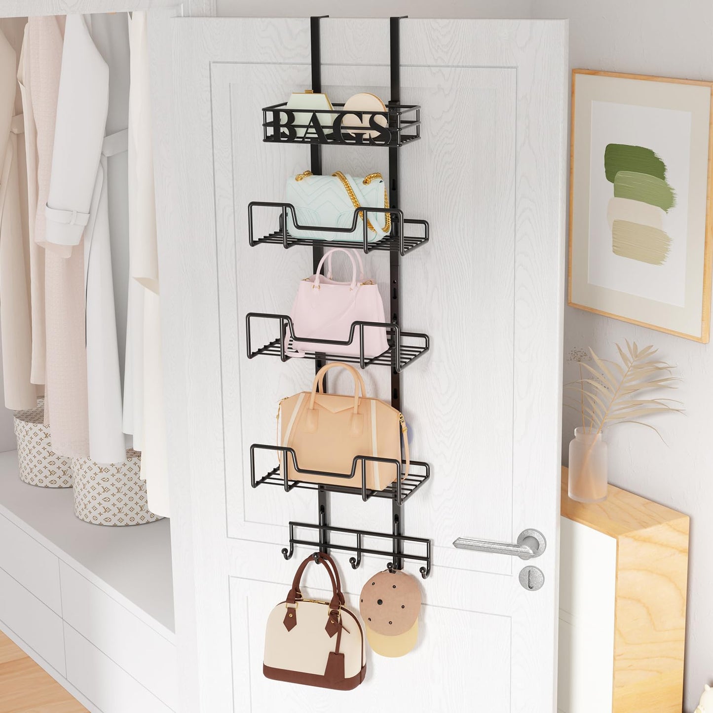 HapiRm Purse Organizer Storage Rack - Floor-Standing 3 Tier Purse Holder with Side Hooks and Transparent Pockets for Handbag Storage, High-Capacity Bag Organizer for Closet, Home, Living Room