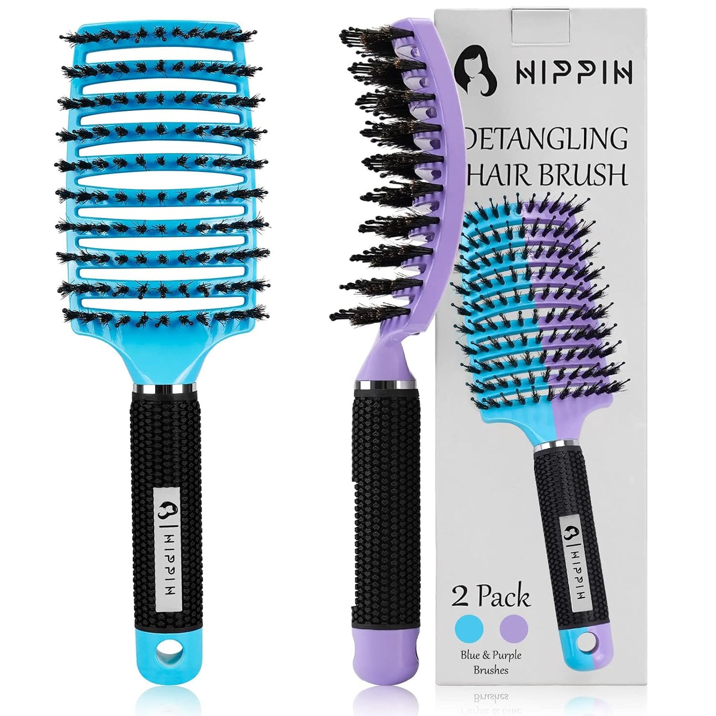 Boar Bristle Hair Brush Set - Curved Vented Detangler for Kids & Men | Adds Shine to Thick Curly Hair