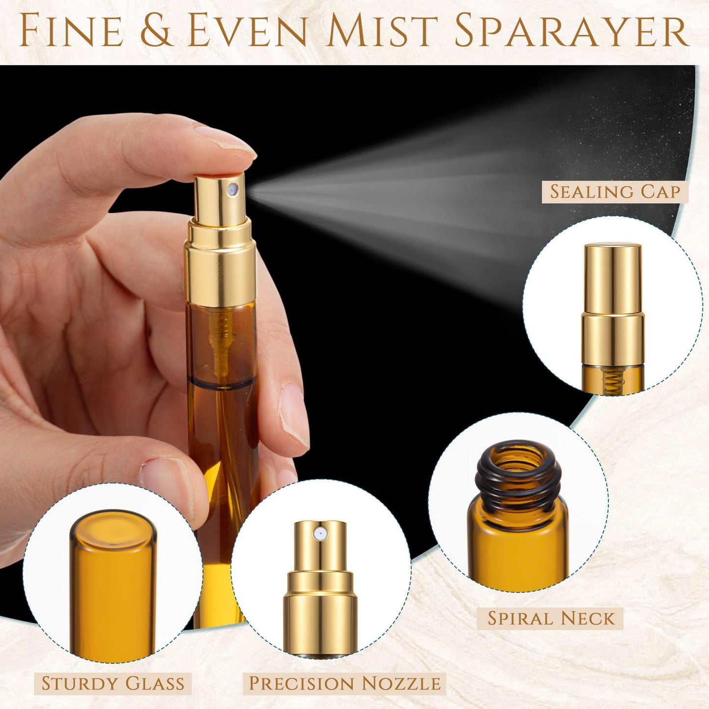 Domensi 60 Pcs 10ml Mini Perfume Bottle Fine Mist Atomizer Glass Refillable Bottles Decants Bulk for Perfumes Travel Glass Container with Atomizer Pump Kit for Fragrance(Amber, Gold, 10ml)