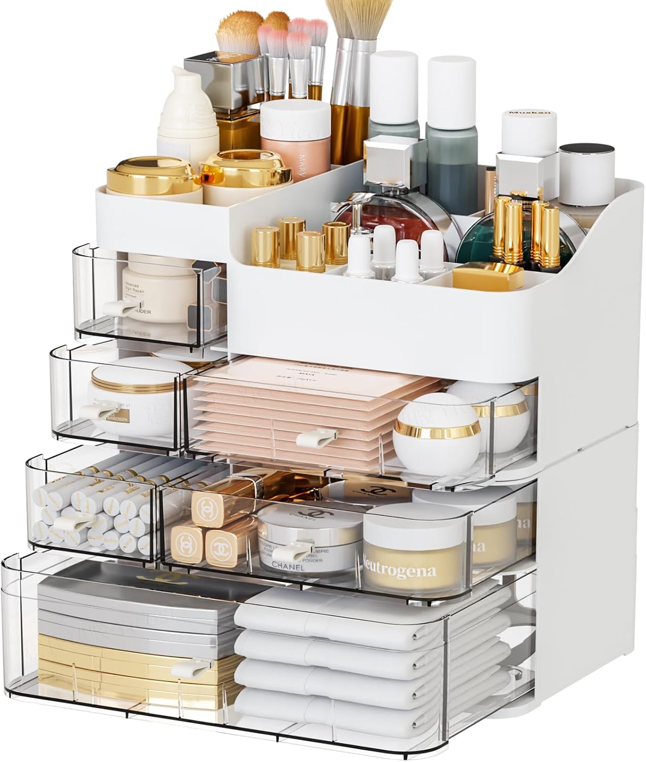 Makeup Organizer for Vanity - Large 6-Drawer Plastic Cosmetic Storage | White Dresser & Bathroom Holder for Lipstick, Brushes, Skincare