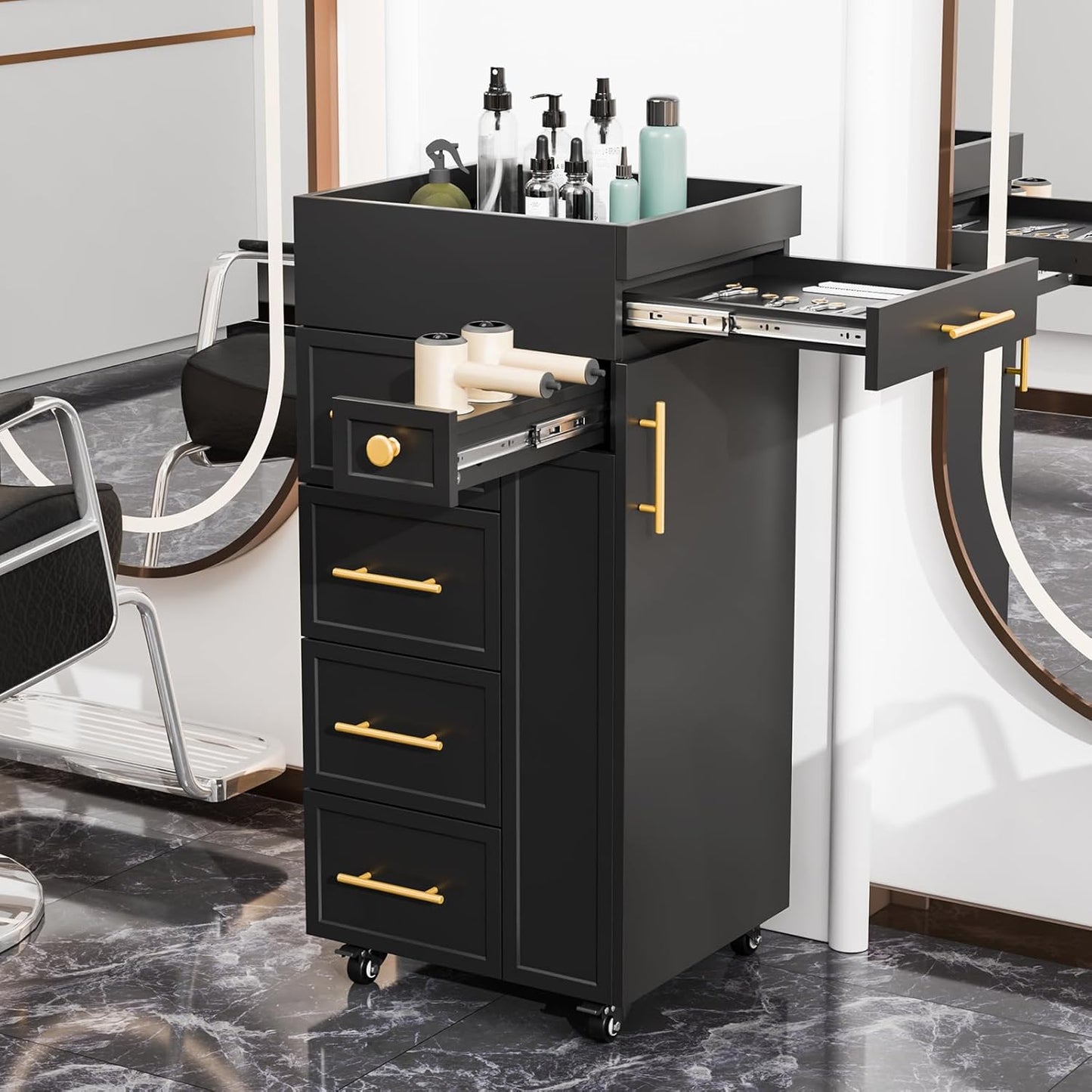 OmySalon Salon Trolley Cart - Mobile Hair Styling Station with 5 Drawers & Adjustable Shelf | Black