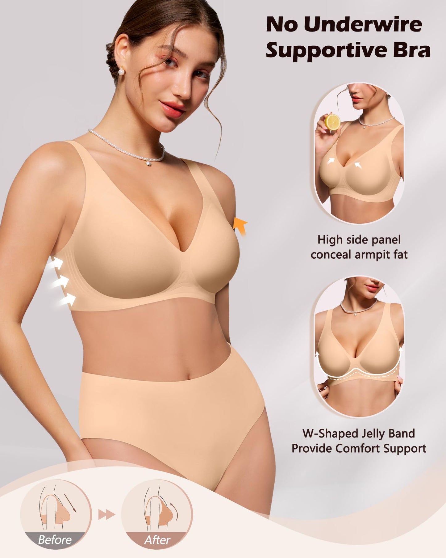 HORISUN Deep V Wireless Seamless Bra Comfortable Push Up Bras for Women No Underwire Everyday Bra with Support and Lift (Nude 36D)