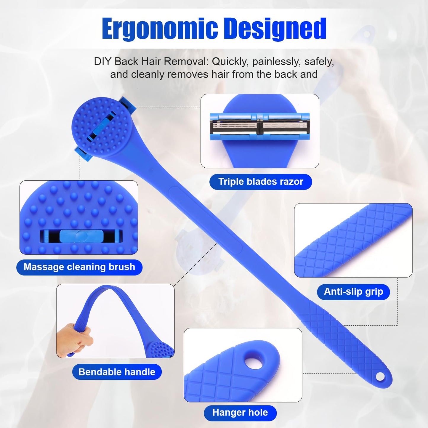 Back& Body Shaver for Men,Back Hair Trimmer for Men with Long Bendable Ergonomic Silicone Handle,10 of The Wet or Dry Disposable Razor Blades,Bath Brush Included(Blue)