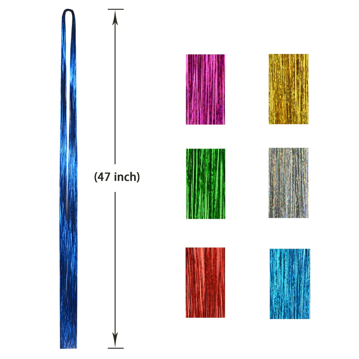 Colorful Glitter Hair Tinsel Set 47 Inch 12 Colors 2400 Strands, Shiny Fairy Hair Extensions with Tools for Women Girls Daily and Party Hairstyling