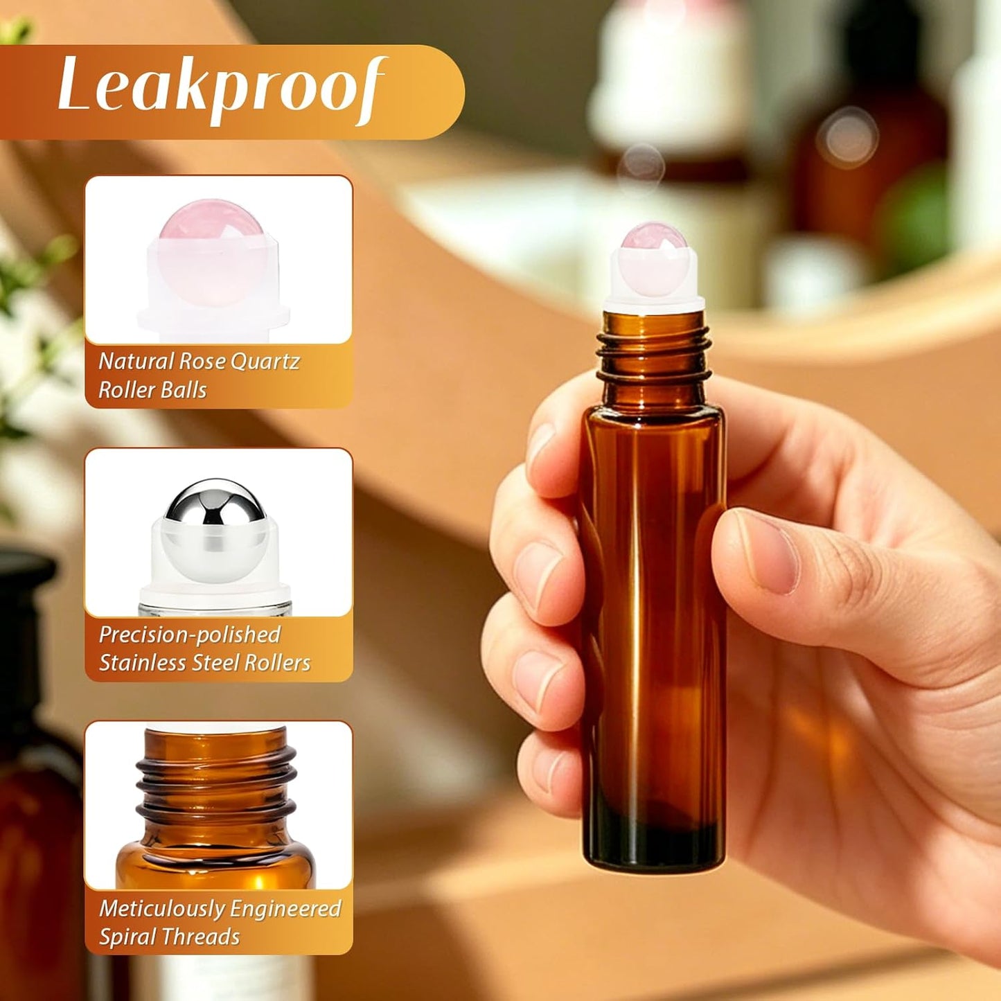 Essential Oils Roller Bottles - 10 Pack 10ml Leakproof Amber & Clear Glass | Rose Quartz & Stainless Steel Balls for Perfume & DIY