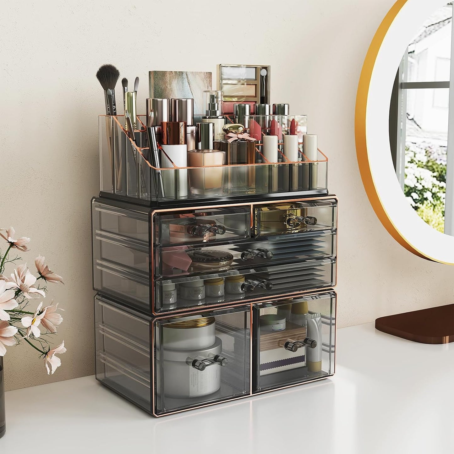 3-Tier 6-Drawer Makeup Organizer - Stylish Countertop Cosmetic Storage for Dresser & Vanity | White with Gold Edges