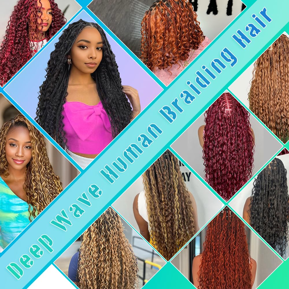 Blonde Human Braiding Hair for Boho Braids 22 Inch 6 Bundles Human Braiding Hair Deep Wave Hair Extensions 150g 27#