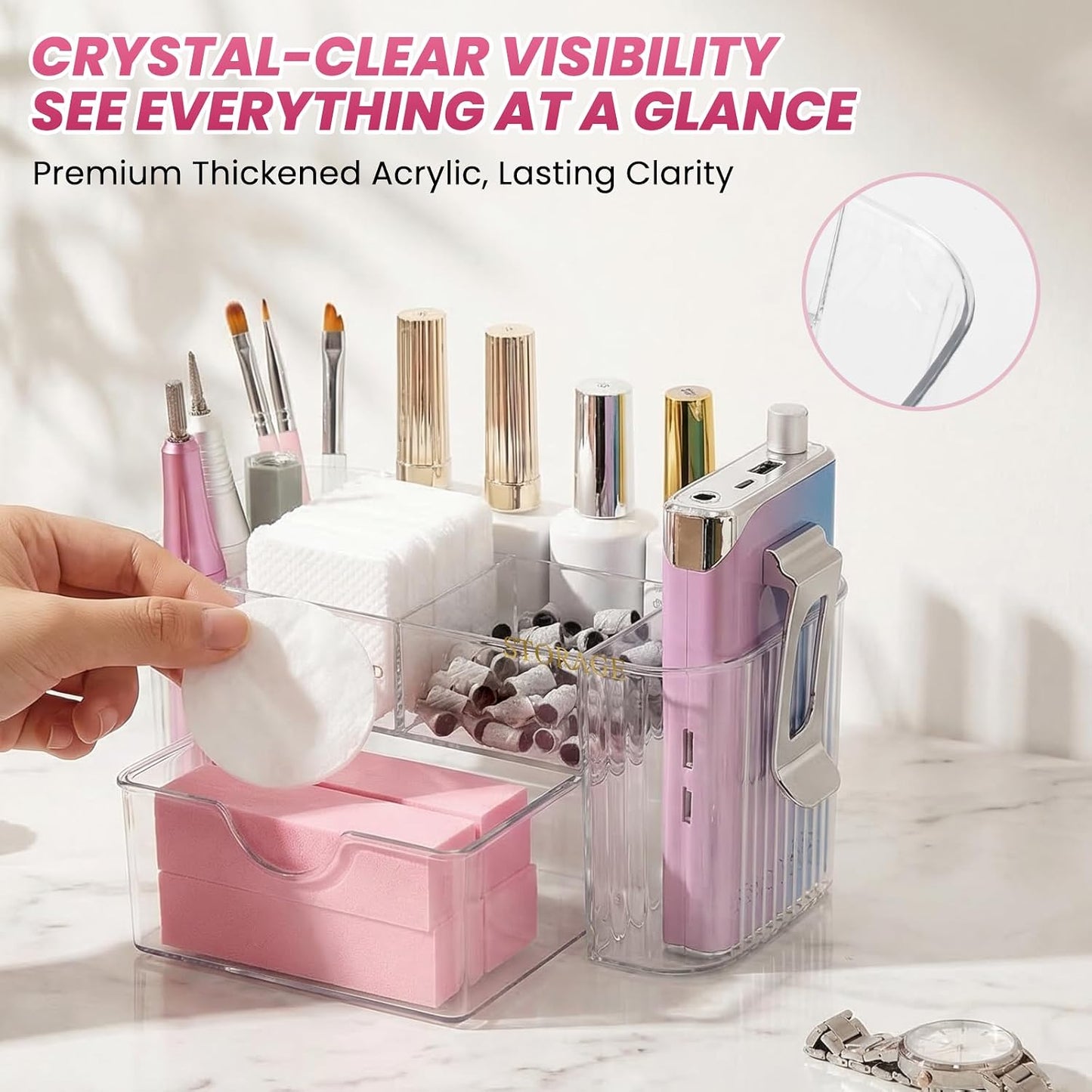Clear Acrylic Nail Organizer - 6 Compartment Desktop Storage for Nail Art Tools & Makeup | Professional Beauty Vanity Solution