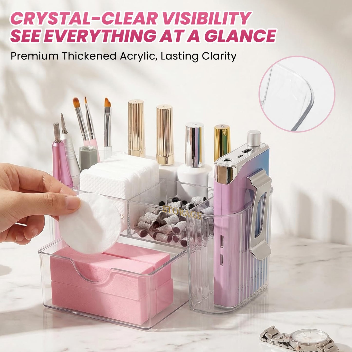 BQAN Clear Acrylic Nail Organizer with Drawer - 6 Compartment Desktop Storage for Nail Art Tools, Makeup & Cosmetics | Professional Nail Tech & Beauty Vanity Organizer