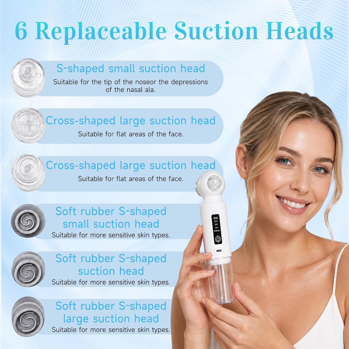Blackhead Remover Vacuum - 6 Heads Facial Pore Cleaner with 46° Warm Compress | USB-C, 3-Level Suction