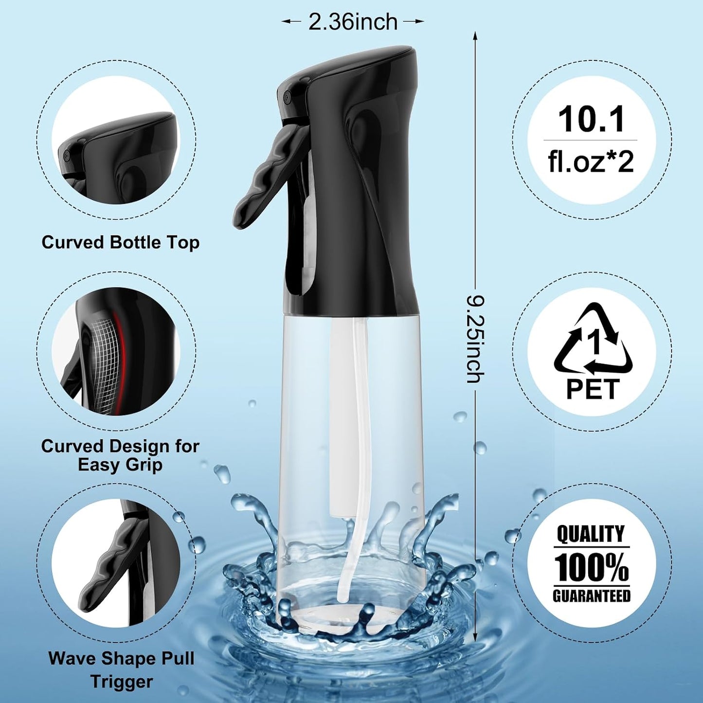 Continuous Spray Bottle for Hair - Ultra Fine Water Mister | 10.1oz/300ml, 2 Pack for Styling & Gardening