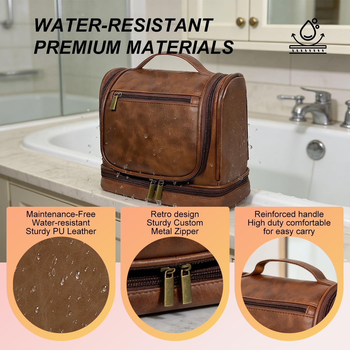 Travel Toiletry Bag - Leather Hanging Organizer | Waterproof with Separate Compartments - Dark Brown