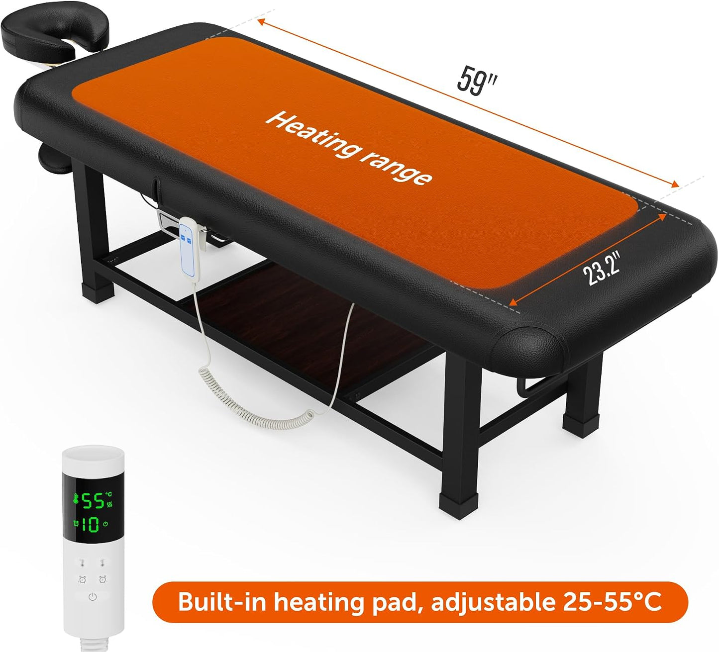 Electric Massage Table - 30" Wide x 75" Long Heavy Duty with Heating Function, Adjustable Backrest & Storage - Black