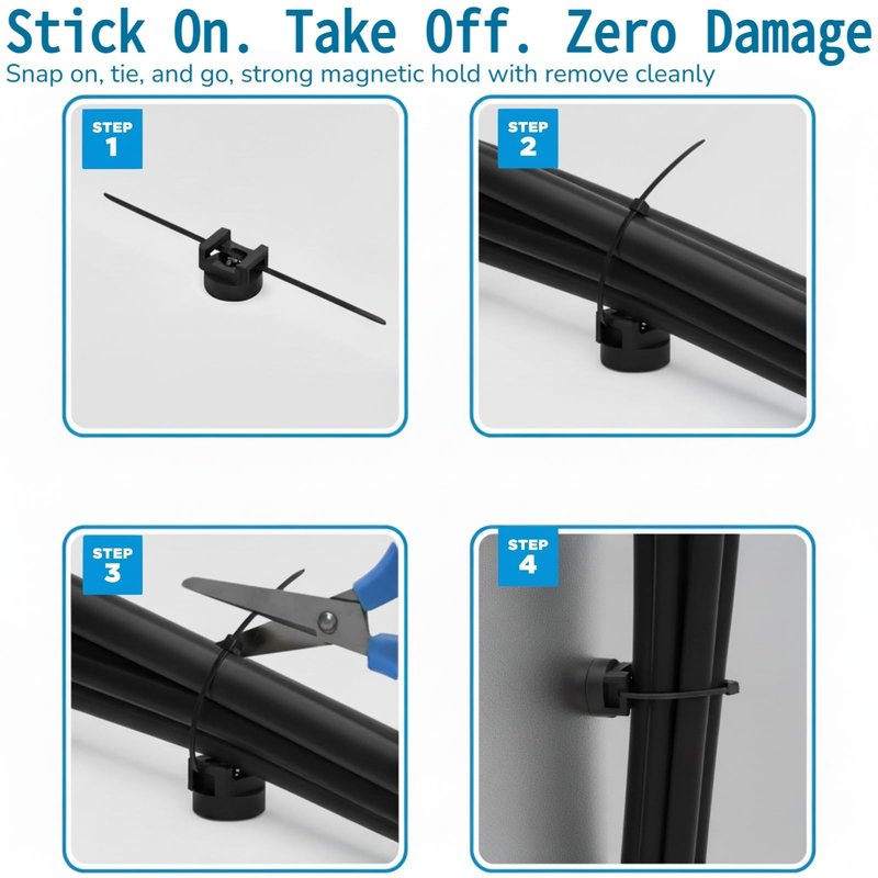 ZyCooom 225 Pieces Magnetic Cable Ties Set, 25 Magnetic Zip Tie Mounts with 200 Cable Ties, Strong Wire Holder Cables Management, Multipurpose Electrical Cord Holders Organizer (22mm)