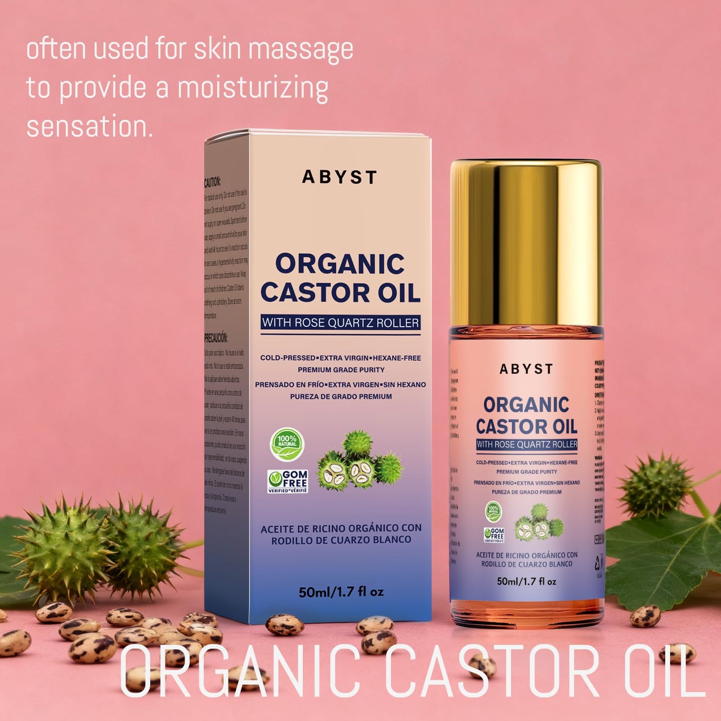 Organic Castor Oil Roll On - Rose Quartz Roller Ball for Face & Body, Skin & Hair Moisturizer, Glass Bottle, Pure & Natural, Cold-Pressed (1)