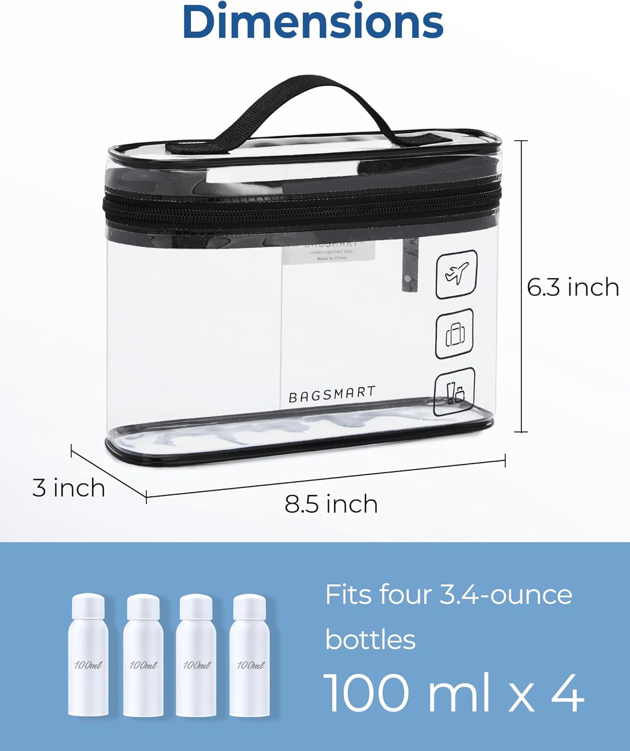 BAGSMART TSA Approved Toiletry Bag - 2 Pack Clear Makeup Organizer | Quart Size Travel Essentials, Black