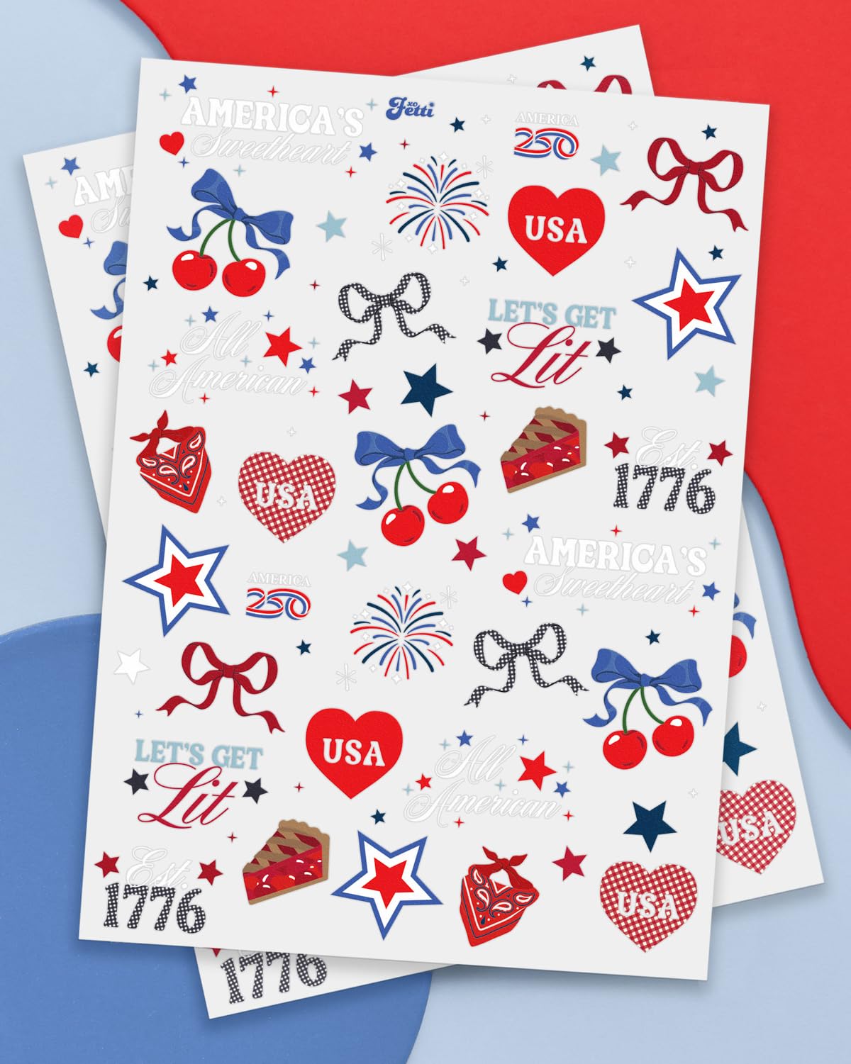 xo, Fetti America 250 Tattoos, 4th of July -60 Temporary Tattoos | USA, Red White Blue, Stars, Fireworks, Patriotic Party Decor, Kids Party, All American