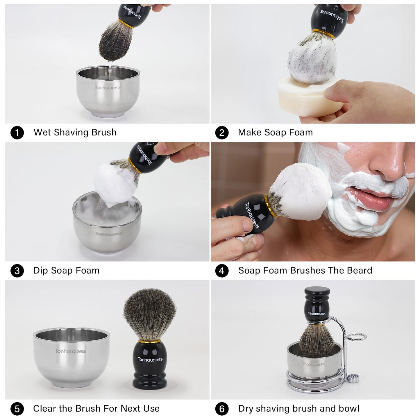 Badger Hair Shaving Brush With Wood Handle, Goat Milk Shaving Soap, Dual-ring Base Stainless Steel Shaving Stand Holder and 3 Layers Shaving Bowl for Men's Wet Shaving (Black With Badger Hair)