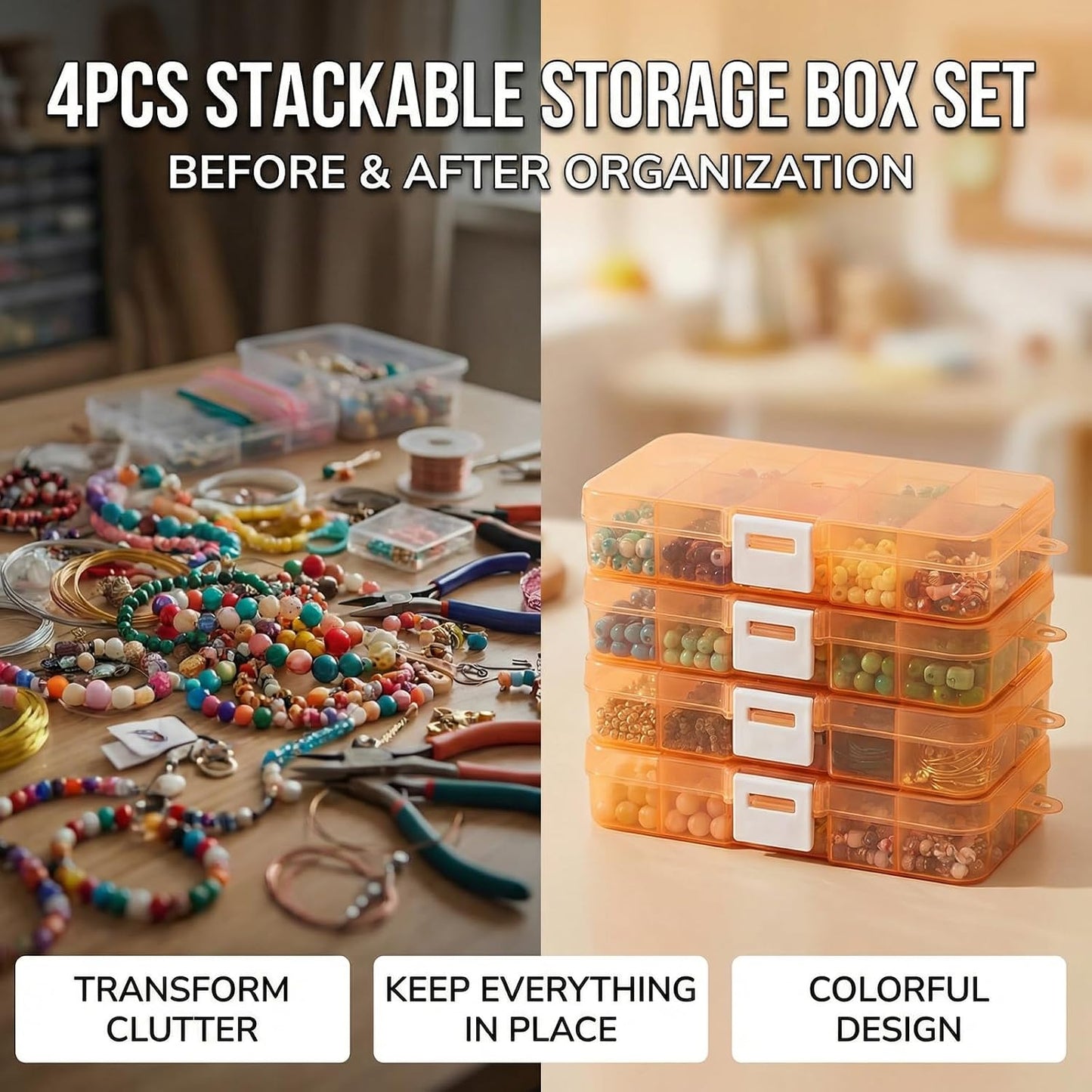 Stackable Plastic Organizer Boxes - 4-Pack Jewelry & Craft Storage Case | Waterproof Bead, Nail & Tackle Holder (Orange)