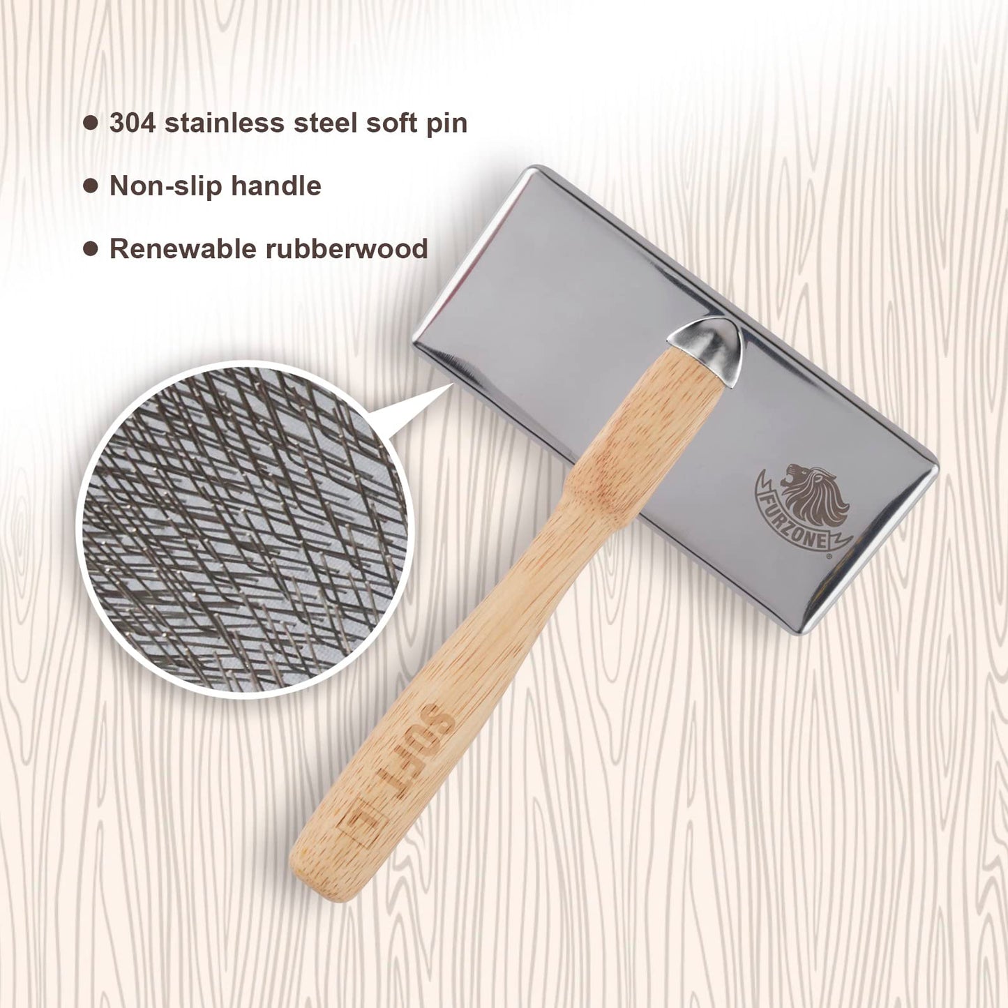 Furzone Wooden Slicker Brush for Dogs (Size L) - Stainless Steel Soft Pin Grooming Brush for Dogs