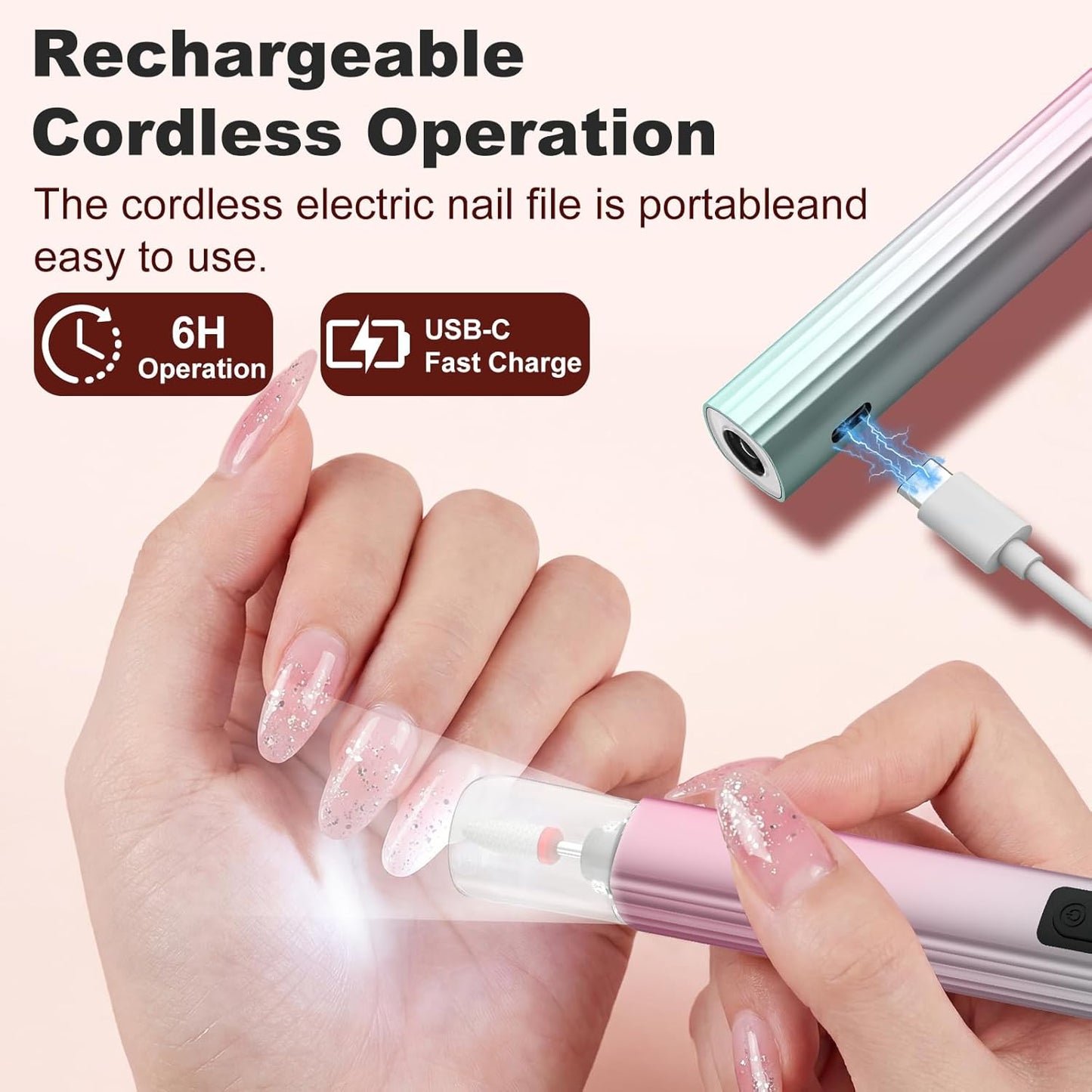 Cordless Electric Nail File Drill - 5 Speed Rechargeable Manicure & Pedicure Kit | UV Light, Portable, for Human & Pet Nails, Grey