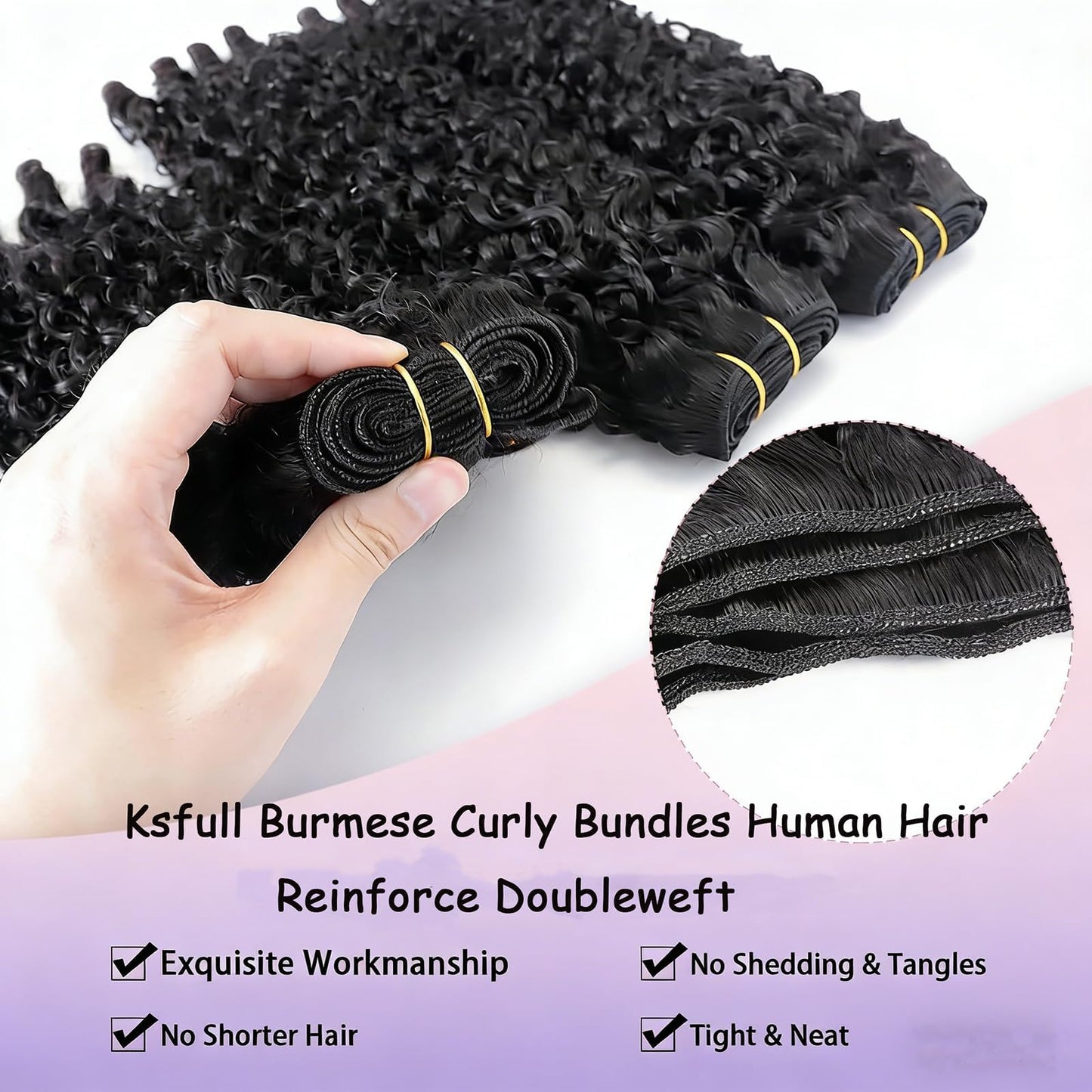 KSFULL Burmese Curly Human Hair Bundles 20 22 24 Inches 3Pcs Water Wave Burmese Curly Bundles Hair Weave with Spiral End 3C4A Quick Weave Hair for Women Natural Black