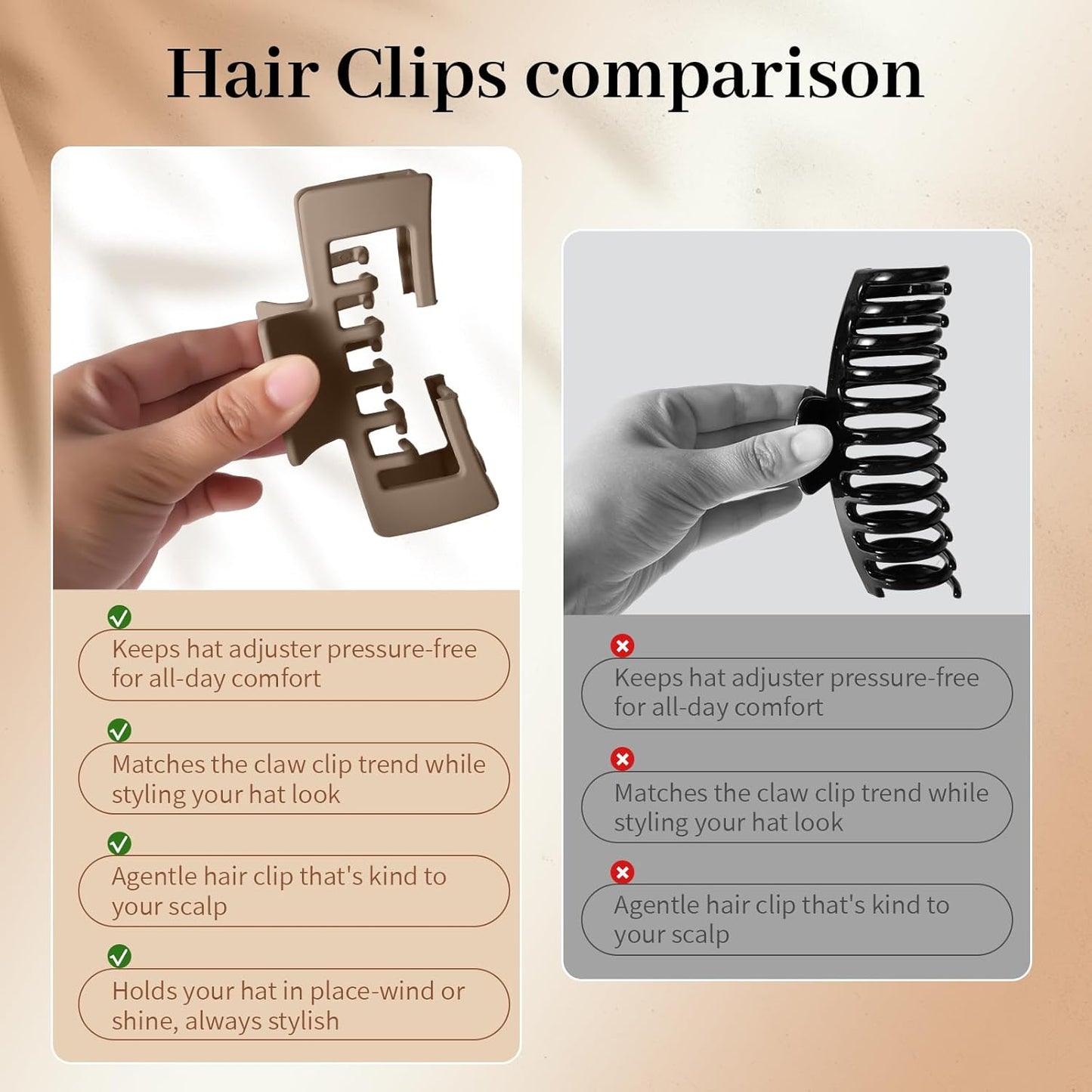 Baseball Cap Claw Clips - 2 Pcs Large Non-Slip Hair Clips for Women | Ideal for Thick & Fine Hair (Black & Brown)