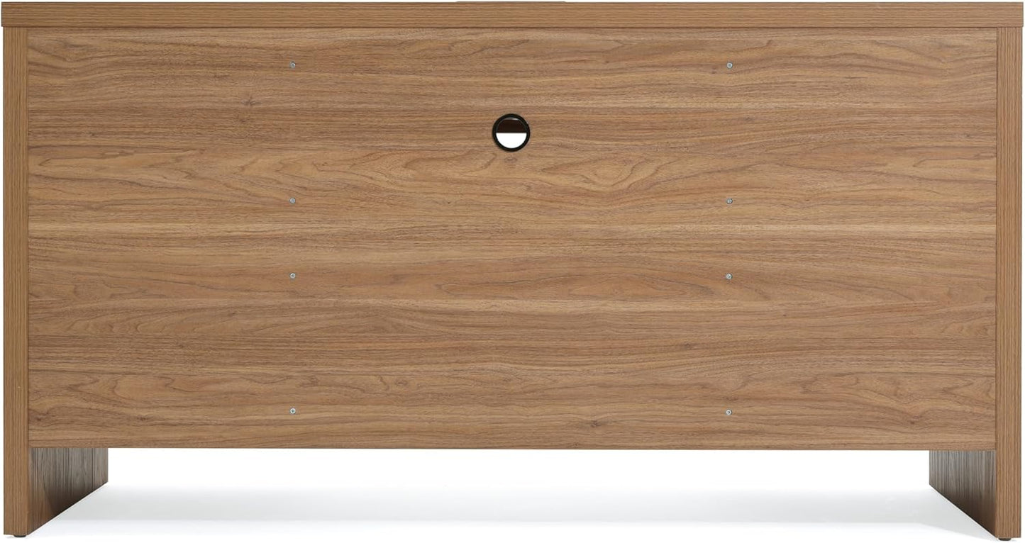 Yechen Executive Desk - 57" Modern Rattan Home Office Desk with Charging Station | Walnut Brown, 5 Drawers