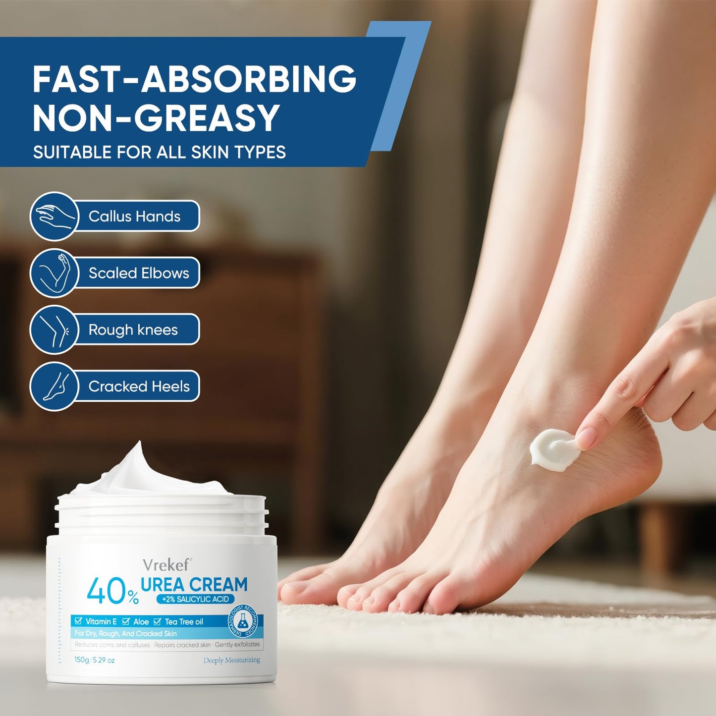 VREKEF Urea Cream 40 Percent with 2% Salicylic Acid, Urea Cream 40 Percent for Feet Maximum Strength, Foot & Hand Cream for Dry Cracked Heels, Callus Softener for Rough Thick Skin, 5.29 oz