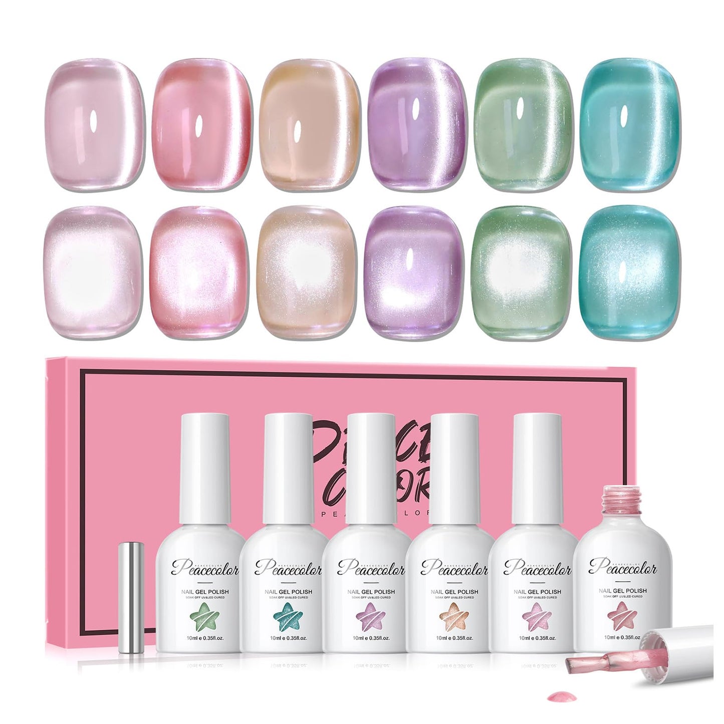 PEACECOLOR Cat Eye Nail Gel Polish Set 6 Colors Spring Nude Light Pink Purple Green Blue Pastel Gel Polish with Magnet Nail Art Salon DIY Gifts