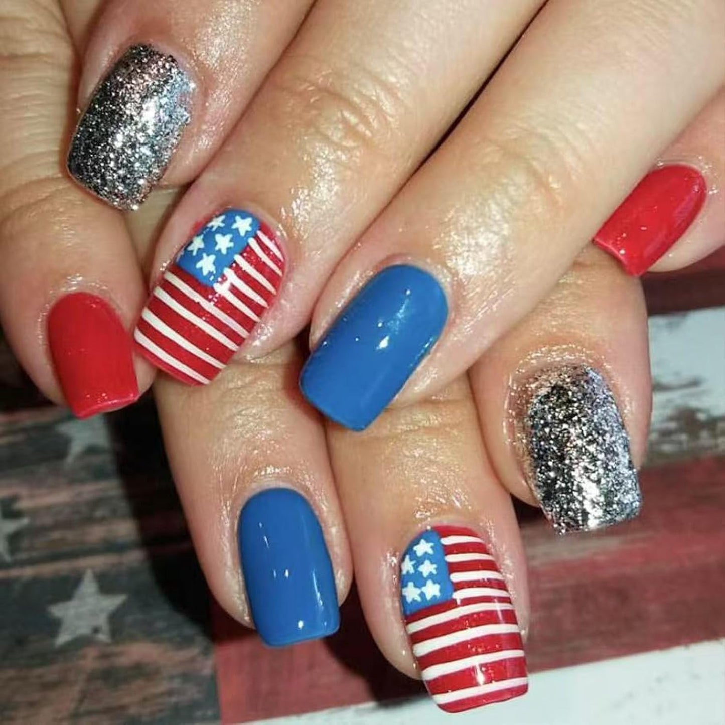 Independence Day Press-On Nails - Medium Square Glitter Acrylic Nails with American Flag Design | 24 Pcs Blue & Red